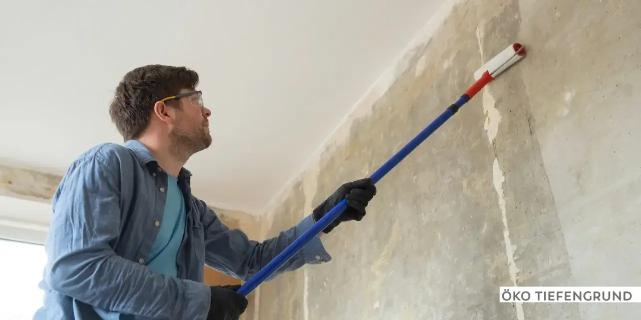 Mann mit Schutzbrille und Handschuhen tr&auml;gt mit einer Teleskopstange eine Grundierung auf eine raue Wand auf.