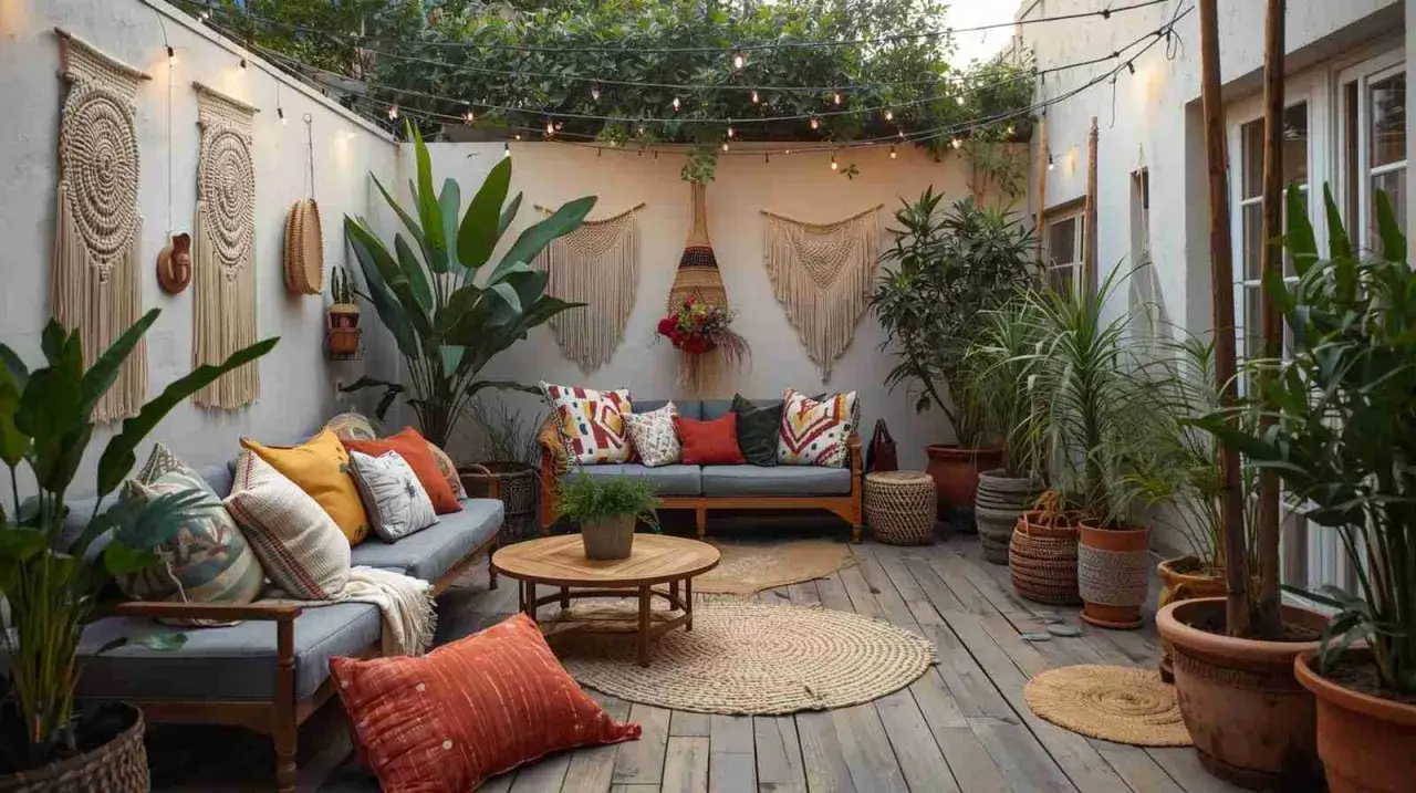 Gemütliche moderne Terrassen Ideen mit Boho-Akzenten: Sitzgruppe, Pflanzen, Makramee-Wandbehänge und Lichterketten schaffen eine einladende Atmosphäre.