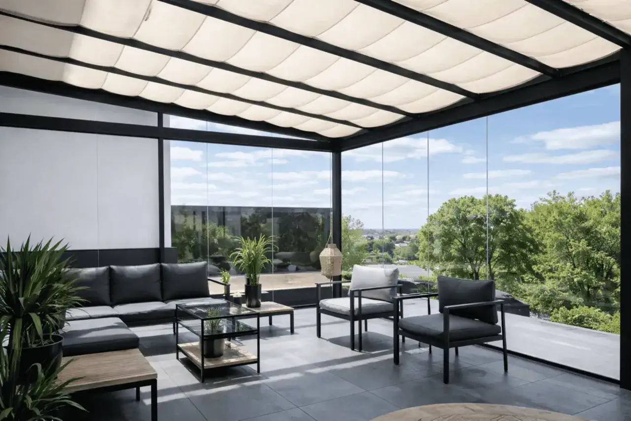 Moderne Terrassenbeschattung Ideen: Ein stilvoller Loungebereich mit Glasfront und Stoffdach, das Schatten spendet.