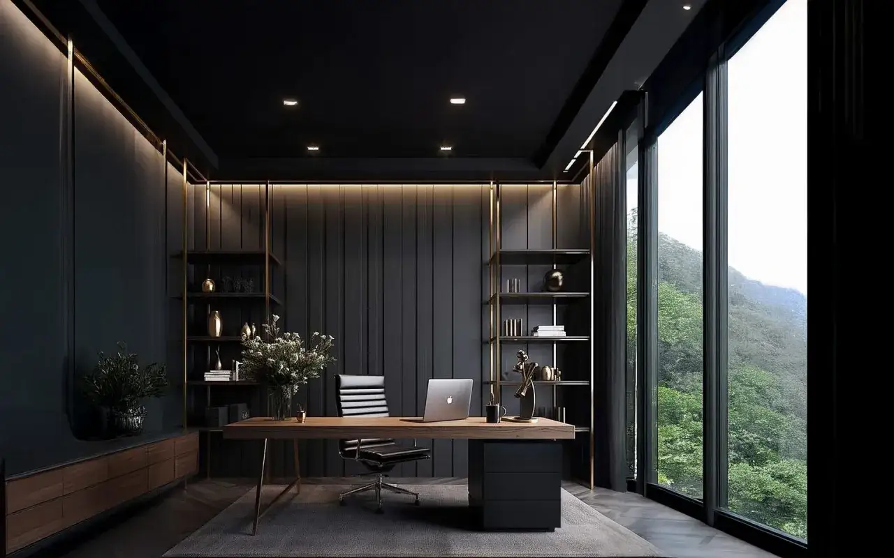 Elegantes Arbeitszimmer mit dunklen W&auml;nden, Holzschreibtisch, Ledersessel und gro&szlig;em Fenster mit Bergblick. Tolle Inspirationen f&uuml;r ein modernes Arbeitszimmer einrichten.