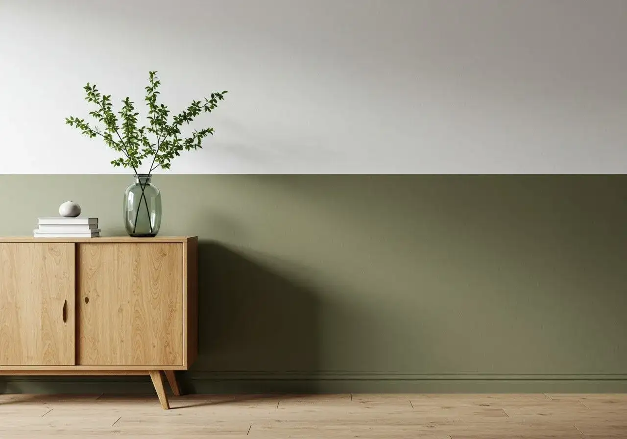 Ein h&ouml;lzernes Sideboard mit B&uuml;chern und einer Vase mit Zweigen steht vor einer Wand, die halbhoch gestrichen ist.