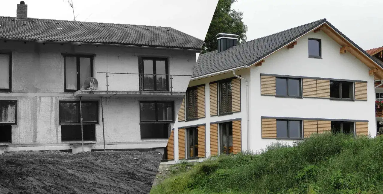 Vorher-Nachher-Vergleich: Ein Haus wird von einer grauen Fassade zu einer modernen Holzfassade renoviert.