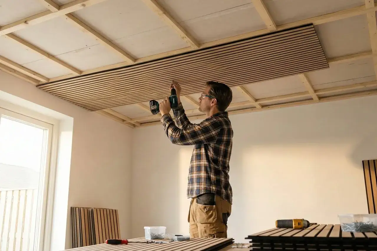 Mann verkleidet Decke mit Holzpaneelen. Akkuschrauber in Hand, Montage der Lamellen für eine moderne Deckenverkleidung.