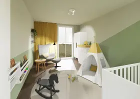 Ein gemütliches Kinderzimmer mit Spielzelt, Schaukelpferd und Bücherregalen. Die Wände sind zweifarbig gestrichen, was tolle kinderzimmer streichen motive ergibt.