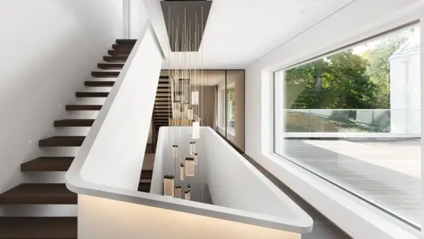 Modernes Treppenhaus gestalten: Schwebende Holzstufen, weiße Wände und eine Kaskade aus Glasleuchten schaffen ein elegantes Ambiente.