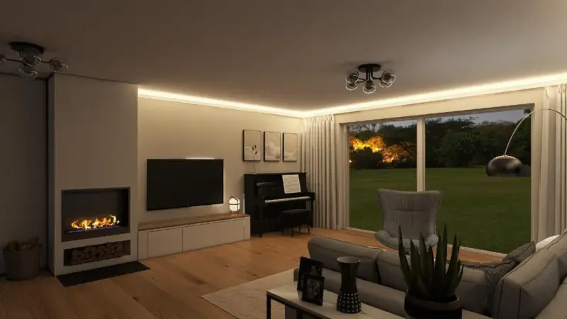 Gemütliches Wohnzimmer mit Kamin, Klavier und Sofa. Die Wände sind in der Farbe beige gestrichen, was für eine warme Atmosphäre sorgt.