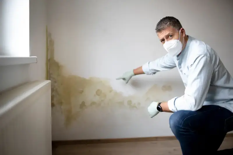 Mann mit Maske und Handschuhen zeigt auf schimmeligen Putz an einer Wand neben einem Heizkörper.