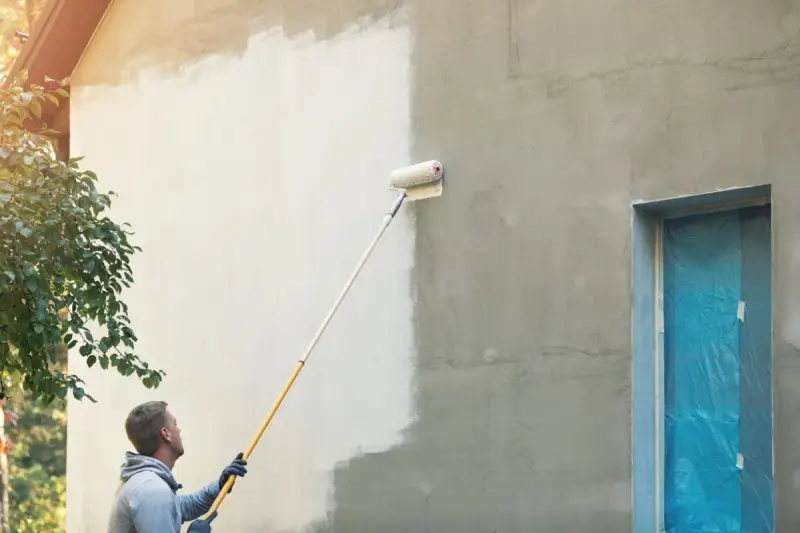Mann streicht mit einer Teleskoprolle die Hausfassade weiß. Die rechte Seite ist noch grau, die linke bereits frisch gestrichen.